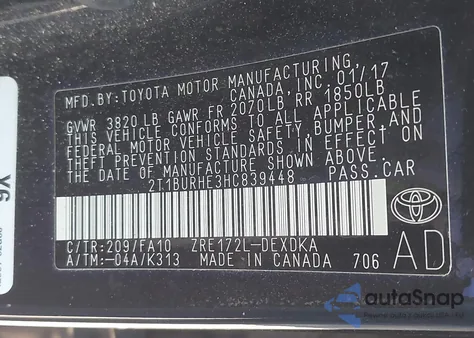 2017 Toyota Corolla L из США, поврежденный, VIN 2T1BURHE3HC839448